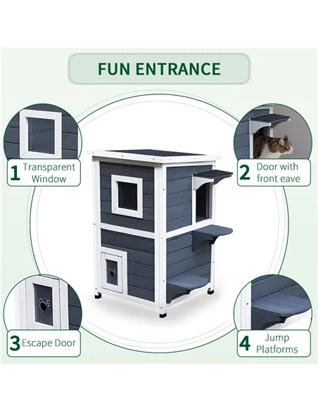 PawHut Wooden Cat House 2-Floor Outdoor Kitten Shelter with Window Grey