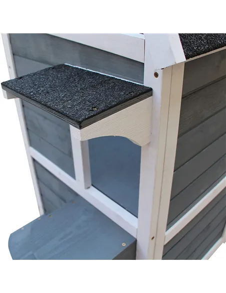 PawHut Wooden Cat House 2-Floor Outdoor Kitten Shelter with Window Grey
