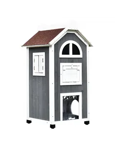 PawHut Wooden Cat House, Weatherproof Pet Shelter, Outdoor Cat Condos Cave, 2 Floor Furniture, Grey and White