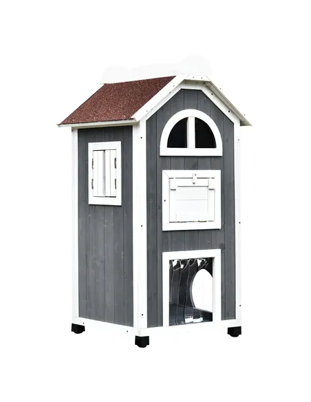 PawHut Wooden Cat House, Weatherproof Pet Shelter, Outdoor Cat Condos Cave, 2 Floor Furniture, Grey and White