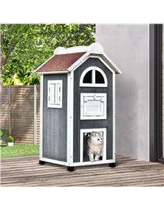 PawHut Wooden Cat House, Weatherproof Pet Shelter, Outdoor Cat Condos Cave, 2 Floor Furniture, Grey and White 2