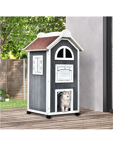 PawHut Wooden Cat House, Weatherproof Pet Shelter, Outdoor Cat Condos Cave, 2 Floor Furniture, Grey and White