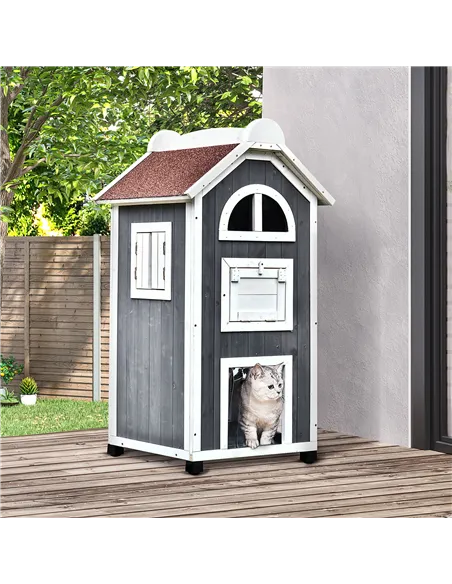 PawHut Wooden Cat House, Weatherproof Pet Shelter, Outdoor Cat Condos Cave, 2 Floor Furniture, Grey and White