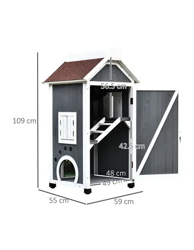 PawHut Wooden Cat House, Weatherproof Pet Shelter, Outdoor Cat Condos Cave, 2 Floor Furniture, Grey and White