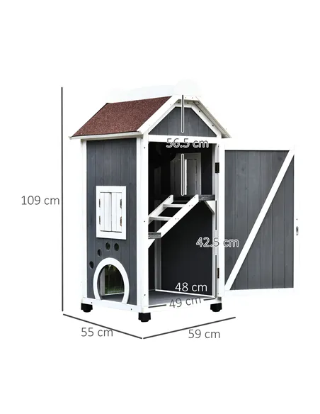 PawHut Wooden Cat House, Weatherproof Pet Shelter, Outdoor Cat Condos Cave, 2 Floor Furniture, Grey and White