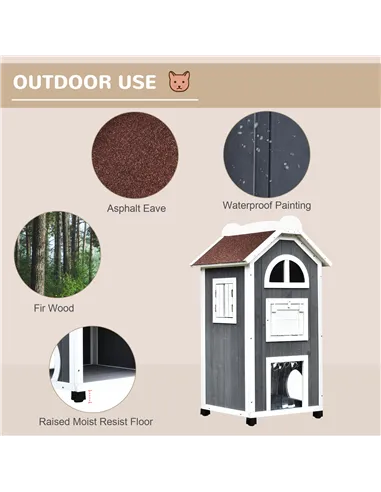 PawHut Wooden Cat House, Weatherproof Pet Shelter, Outdoor Cat Condos Cave, 2 Floor Furniture, Grey and White