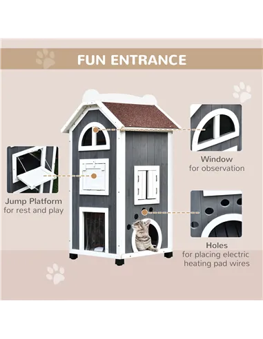 PawHut Wooden Cat House, Weatherproof Pet Shelter, Outdoor Cat Condos Cave, 2 Floor Furniture, Grey and White