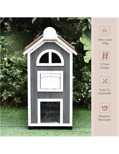 PawHut Wooden Cat House, Weatherproof Pet Shelter, Outdoor Cat Condos Cave, 2 Floor Furniture, Grey and White