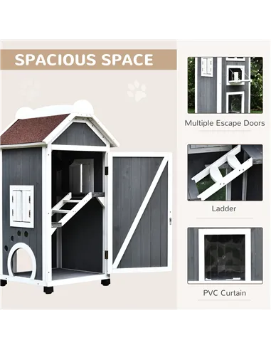 PawHut Wooden Cat House, Weatherproof Pet Shelter, Outdoor Cat Condos Cave, 2 Floor Furniture, Grey and White