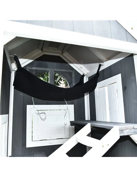 PawHut Wooden Cat House, Weatherproof Pet Shelter, Outdoor Cat Condos Cave, 2 Floor Furniture, Grey and White