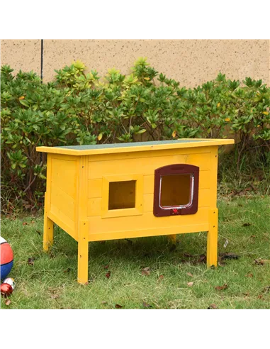 Pawhut Garden Wooden Cat House Hide Cage Outdoor Pet Play Home Waterproof Roof Kitty Shelter Kennel w/ith Door & Window