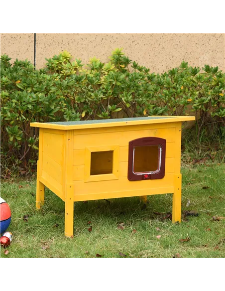 Pawhut Garden Wooden Cat House Hide Cage Outdoor Pet Play Home Waterproof Roof Kitty Shelter Kennel w/ith Door & Window