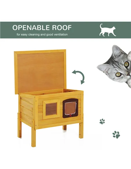 Pawhut Garden Wooden Cat House Hide Cage Outdoor Pet Play Home Waterproof Roof Kitty Shelter Kennel w/ith Door & Window