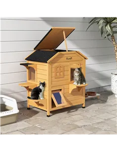 PawHut 2-story Cat House Outdoor, Weatherproof Wooden Cat Enclosure for Feral Cats with Escape Door, Openable Roof, Jumping Plat 2