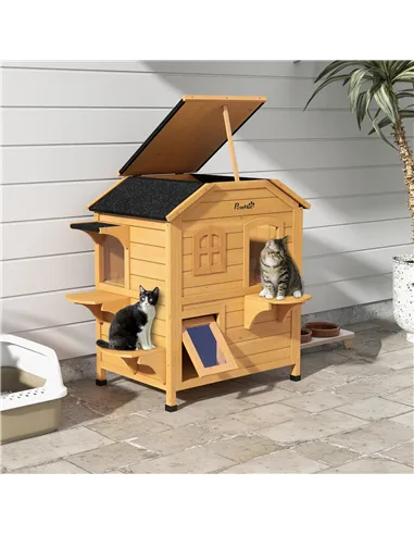 PawHut 2-story Cat House Outdoor, Weatherproof Wooden Cat Enclosure for Feral Cats with Escape Door, Openable Roof, Jumping Plat