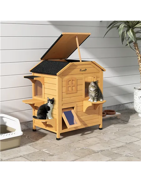 PawHut 2-story Cat House Outdoor, Weatherproof Wooden Cat Enclosure for Feral Cats with Escape Door, Openable Roof, Jumping Plat