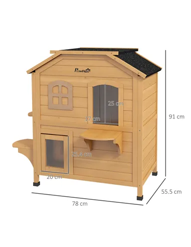 PawHut 2-story Cat House Outdoor, Weatherproof Wooden Cat Enclosure for Feral Cats with Escape Door, Openable Roof, Jumping Plat
