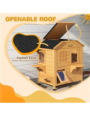 PawHut 2-story Cat House Outdoor, Weatherproof Wooden Cat Enclosure for Feral Cats with Escape Door, Openable Roof, Jumping Plat