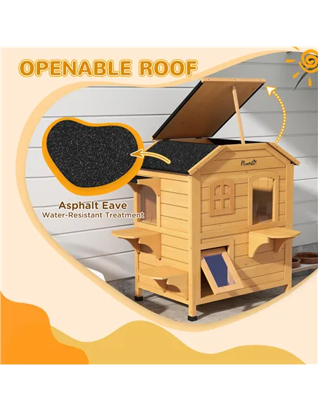 PawHut 2-story Cat House Outdoor, Weatherproof Wooden Cat Enclosure for Feral Cats with Escape Door, Openable Roof, Jumping Plat