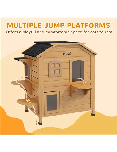 PawHut 2-story Cat House Outdoor, Weatherproof Wooden Cat Enclosure for Feral Cats with Escape Door, Openable Roof, Jumping Plat