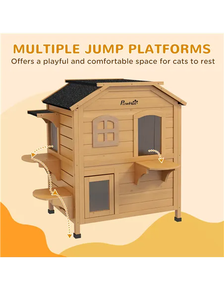 PawHut 2-story Cat House Outdoor, Weatherproof Wooden Cat Enclosure for Feral Cats with Escape Door, Openable Roof, Jumping Plat