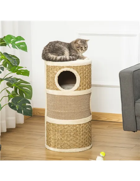 PawHut Cat Scratching Barrel Kitten Tree Tower for Indoor Cats Pet Furniture Climbing Frame Covered with Sisal and Seaweed Rope 