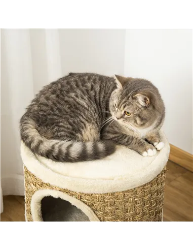 PawHut Cat Scratching Barrel Kitten Tree Tower for Indoor Cats Pet Furniture Climbing Frame Covered with Sisal and Seaweed Rope 