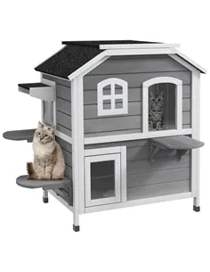 PawHut 2-story Cat House Outdoor, Weatherproof Wooden Cat Enclosure for Feral Cats with Escape Door, Openable Roof, Jumping Plat