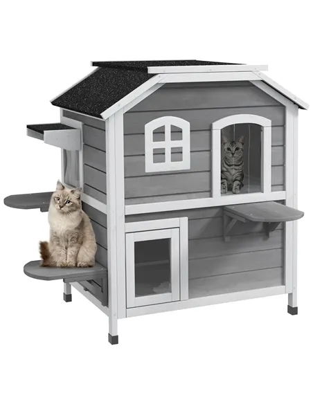 PawHut 2-story Cat House Outdoor, Weatherproof Wooden Cat Enclosure for Feral Cats with Escape Door, Openable Roof, Jumping Plat