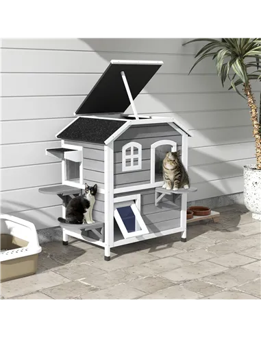 PawHut 2-story Cat House Outdoor, Weatherproof Wooden Cat Enclosure for Feral Cats with Escape Door, Openable Roof, Jumping Plat