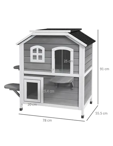 PawHut 2-story Cat House Outdoor, Weatherproof Wooden Cat Enclosure for Feral Cats with Escape Door, Openable Roof, Jumping Plat