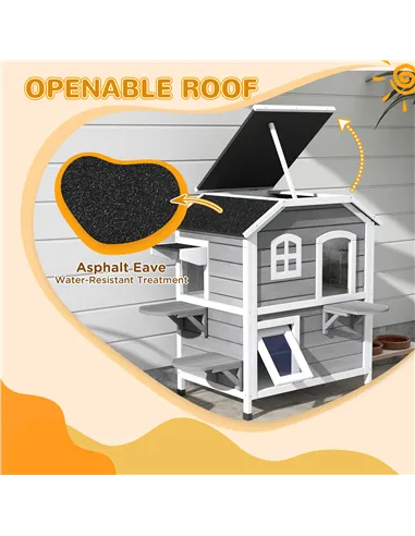 PawHut 2-story Cat House Outdoor, Weatherproof Wooden Cat Enclosure for Feral Cats with Escape Door, Openable Roof, Jumping Plat
