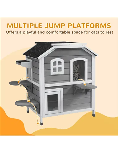 PawHut 2-story Cat House Outdoor, Weatherproof Wooden Cat Enclosure for Feral Cats with Escape Door, Openable Roof, Jumping Plat