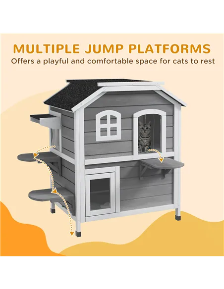 PawHut 2-story Cat House Outdoor, Weatherproof Wooden Cat Enclosure for Feral Cats with Escape Door, Openable Roof, Jumping Plat