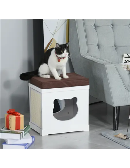 PawHut Cat House Bed Cat Scratching Cube for Small Cat Pet Furniture with Removable Scratching Pad and Soft Cushion White