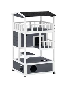 PawHut Wooden Outdoor Cat House, 3-Tier Cat Shelter with Tilted Roof, Terrace, Jump Step, Bottom Tray and Elevated Base, Waterpr