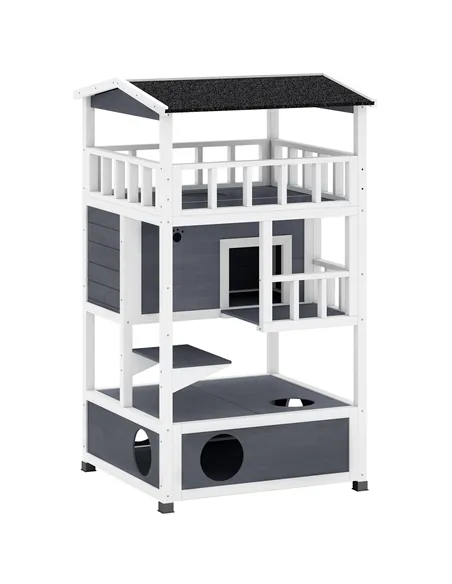 PawHut Wooden Outdoor Cat House, 3-Tier Cat Shelter with Tilted Roof, Terrace, Jump Step, Bottom Tray and Elevated Base, Waterpr