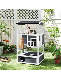 PawHut Wooden Outdoor Cat House, 3-Tier Cat Shelter with Tilted Roof, Terrace, Jump Step, Bottom Tray and Elevated Base, Waterpr 2
