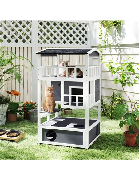 PawHut Wooden Outdoor Cat House, 3-Tier Cat Shelter with Tilted Roof, Terrace, Jump Step, Bottom Tray and Elevated Base, Waterpr