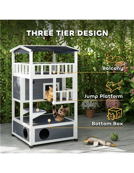 PawHut Wooden Outdoor Cat House, 3-Tier Cat Shelter with Tilted Roof, Terrace, Jump Step, Bottom Tray and Elevated Base, Waterpr