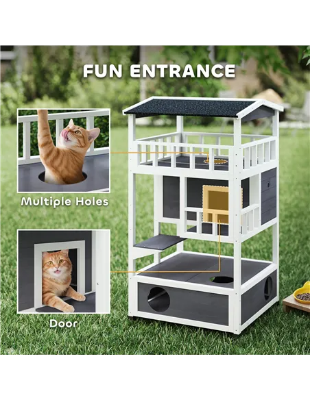 PawHut Wooden Outdoor Cat House, 3-Tier Cat Shelter with Tilted Roof, Terrace, Jump Step, Bottom Tray and Elevated Base, Waterpr