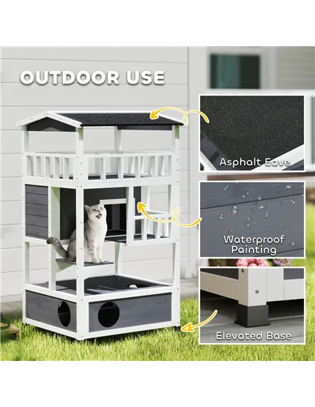 PawHut Wooden Outdoor Cat House, 3-Tier Cat Shelter with Tilted Roof, Terrace, Jump Step, Bottom Tray and Elevated Base, Waterpr