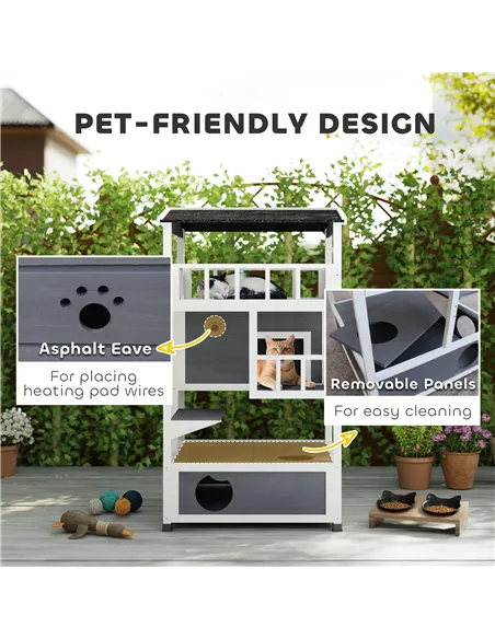 PawHut Wooden Outdoor Cat House, 3-Tier Cat Shelter with Tilted Roof, Terrace, Jump Step, Bottom Tray and Elevated Base, Waterpr