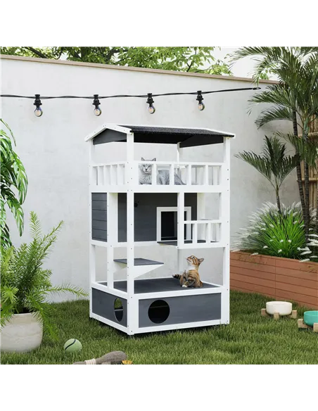 PawHut Wooden Outdoor Cat House, 3-Tier Cat Shelter with Tilted Roof, Terrace, Jump Step, Bottom Tray and Elevated Base, Waterpr