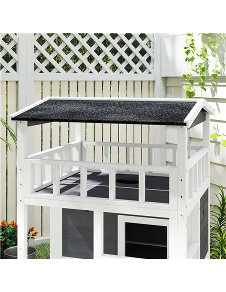 PawHut Wooden Outdoor Cat House, 3-Tier Cat Shelter with Tilted Roof, Terrace, Jump Step, Bottom Tray and Elevated Base, Waterpr
