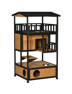 PawHut Wooden Outdoor Cat House, 3-Tier Cat Shelter with Tilted Roof, Terrace, Jump Step, Bottom Tray and Elevated Base, Waterpr