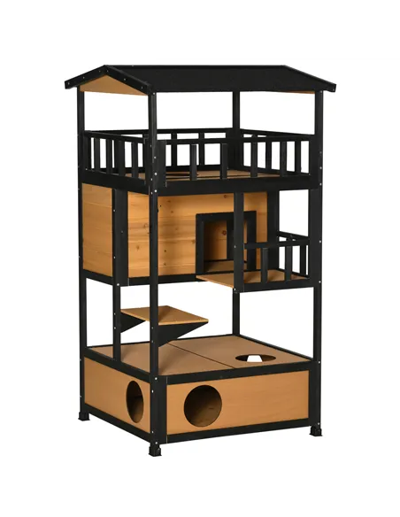 PawHut Wooden Outdoor Cat House, 3-Tier Cat Shelter with Tilted Roof, Terrace, Jump Step, Bottom Tray and Elevated Base, Waterpr