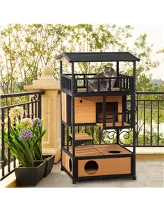 PawHut Wooden Outdoor Cat House, 3-Tier Cat Shelter with Tilted Roof, Terrace, Jump Step, Bottom Tray and Elevated Base, Waterpr 2