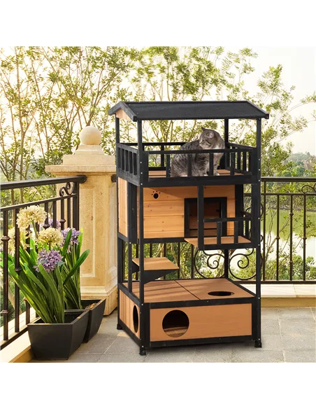 PawHut Wooden Outdoor Cat House, 3-Tier Cat Shelter with Tilted Roof, Terrace, Jump Step, Bottom Tray and Elevated Base, Waterpr