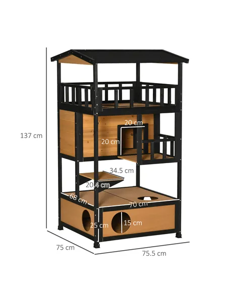 PawHut Wooden Outdoor Cat House, 3-Tier Cat Shelter with Tilted Roof, Terrace, Jump Step, Bottom Tray and Elevated Base, Waterpr